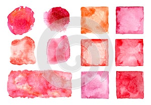 Red watercolor set of spots, circles and squares for text background. Isolated illustration for wedding invitation. Collection of