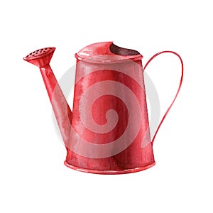 Red watering can isolated on white background. Watercolor illustration, handdrawn clipart.