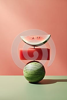 Red watermelon as an abstract balancing act, generative AI content