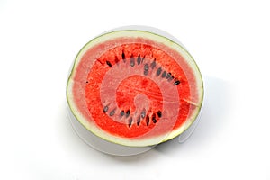 Red Watermelon Fruit half Slice on Clean White Surface.
