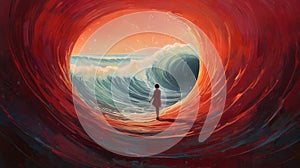 Red Wave: Imagining a Universe Without Water - Dark Naturalistic Ocean Waves with Distorted Figures, Generative AI