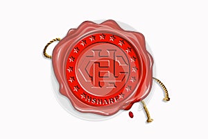 Red wax seal with copy space on a white background. Icon seal wax realistic stamp with rope and digital cryptocurrency logo: