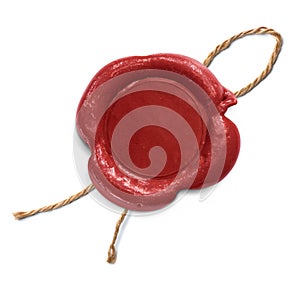 Red wax seal with rope isolated