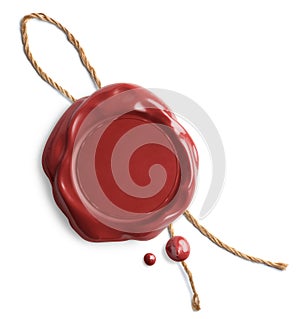 Red wax seal or signet with rope isolated