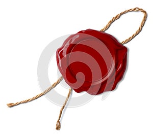 Red wax seal or stamp with rope or thread isolated photo