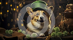 Red welsh corgi pembroke in a green hat celebrating St Patrick Day. Gold coins in pot. Irish holiday in March symbol, earth day