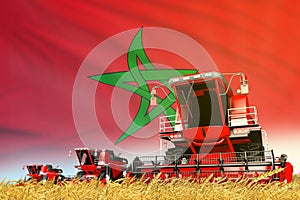 Red wheat agricultural combine harvester on field with Morocco flag background, food industry concept - industrial 3D illustration