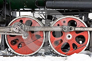 Red wheel and detail of mechanism a vintage russian steam train locomotive