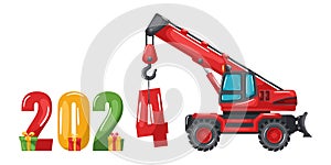 Red wheeled telescopic crane placing the year 2024. Merry christmas. Celebrating the beginning of a happy new year. Heavy