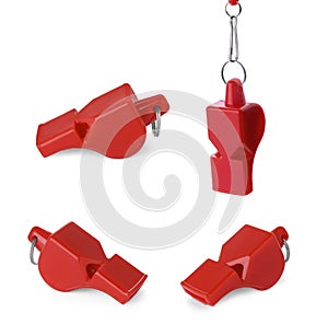 Red whistle with cord isolated on white, set
