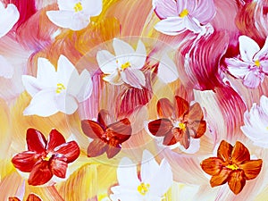 Red and white abstract flowers, original hand drawn, impressionism style, color texture, brush strokes of paint