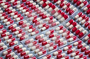 Red-white antibiotic capsule pills in blister pack. Antibiotic drug resistance concept. Pharmaceutical industry. Pharmacy photo