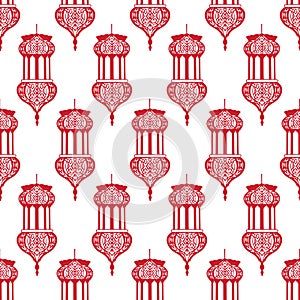 Red on White Arabic Lantern Geometrical Pattern Seamless Repeat Background