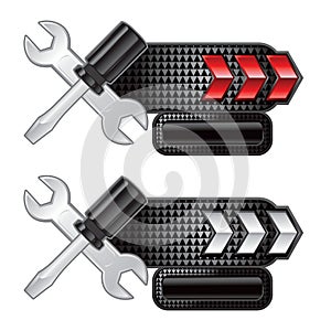 Red and white arrow nameplates with tools