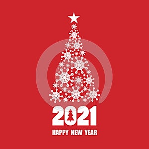 Red and white background with 2021, christmas fir tree, snowflakes. Decorative backdrop. Happy New Year, colorful greeting card