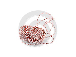 Red and white bakers twine rope spool isolated on white background.