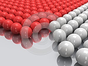 Red and white balls on mirror floor. 3D.