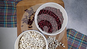 Red and white beans. High protein legumes,beans and lentils for vegetarians. Circular rotation.