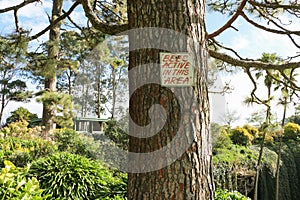 Red and white Bees Active In This Area warning sign on a tree