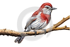 Red and white bird sitting on a branch isolated on a white background