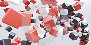 red, white and black flying rotating cubes geometric shapes background 3d render illustration