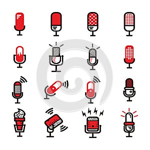 Red, white and black microphone illustrations set - microphone set with lightning and connection sign for broadcast or podcast