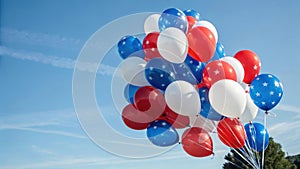 Red, white, and blue balloons against clear blue sky