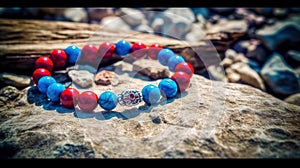 a red, white and blue beaded bracelet sitting on a rock next to a tree trunk and a rock with a silver charm on it