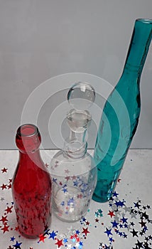 red, white, blue bottles for American flag colors, freedom, and independence day JULY 4th 1776