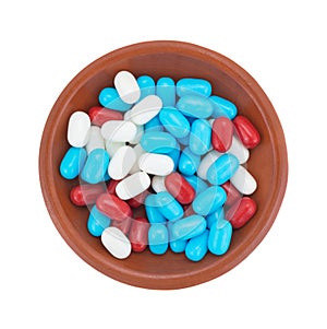 Red white and blue breath mints in a bowl