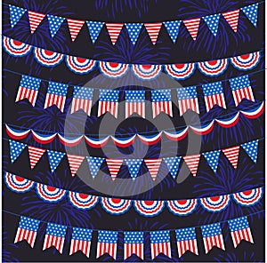 Red white blue bunting and fireworks pattern