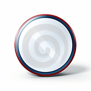 a red white and blue button on a white background
