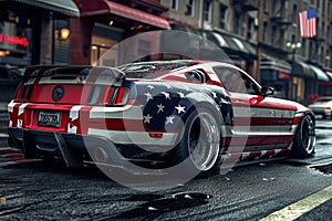 A red, white, and blue car is seen driving down the street, capturing the vibrant colors of patriotism, A sports car with American