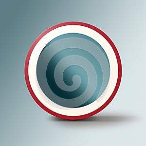 a red white and blue circular button on a gray background