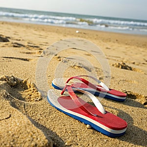 Red white and blue flip flops on the sand. Plenty of room for your text photo