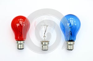 Red white and blue light bulbs in white background - patriotic flag concept
