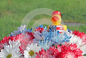 Red White Blue Mum and Daisy Flowers with Patriotic Yellow Rubber Duck