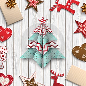 Red, white and blue origami chritmas tree, holiday theme, illustration