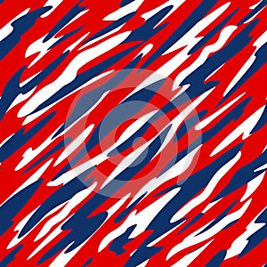 Red, White and Blue Patriotic Abstract Diagonal Camo Style Seamless Repeating Pattern Vector Illustration