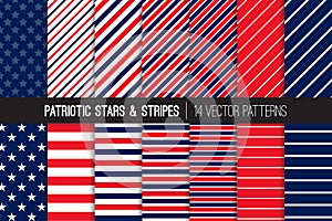 Red White Blue Patriotic Stars and Stripes Vector Seamless Patterns.
