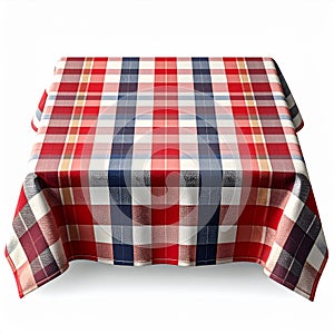 Red White and Blue Plaid Tablecloth with Square Pattern on White Background