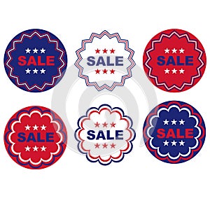 Red white blue sale circle signs with border patterns and stars