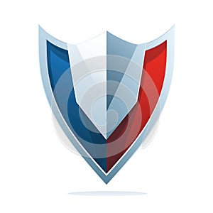 A red, white and blue shield logo on a white background