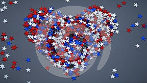 Red white blue shiny confetti stars on grey background, tricolor concept, independence and freedom day USA