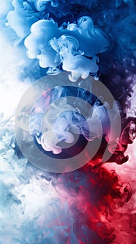 Red, white, and blue smoke intertwining on a dark background