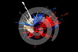 Red, white and blue splash paint splatter with a black background. Generative AI