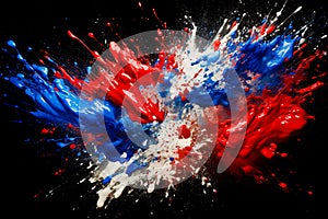 Red, white and blue splash paint splatter with a black background. Generative AI