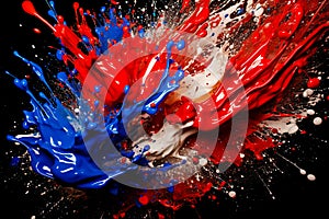 Red, white and blue splash paint splatter with a black background. Generative AI