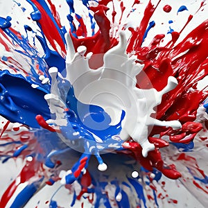 Red, white and blue splashes of paint flying in different directions. Liquid explosion