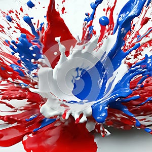 Red, white and blue splashes of paint flying in different directions. Liquid explosion
